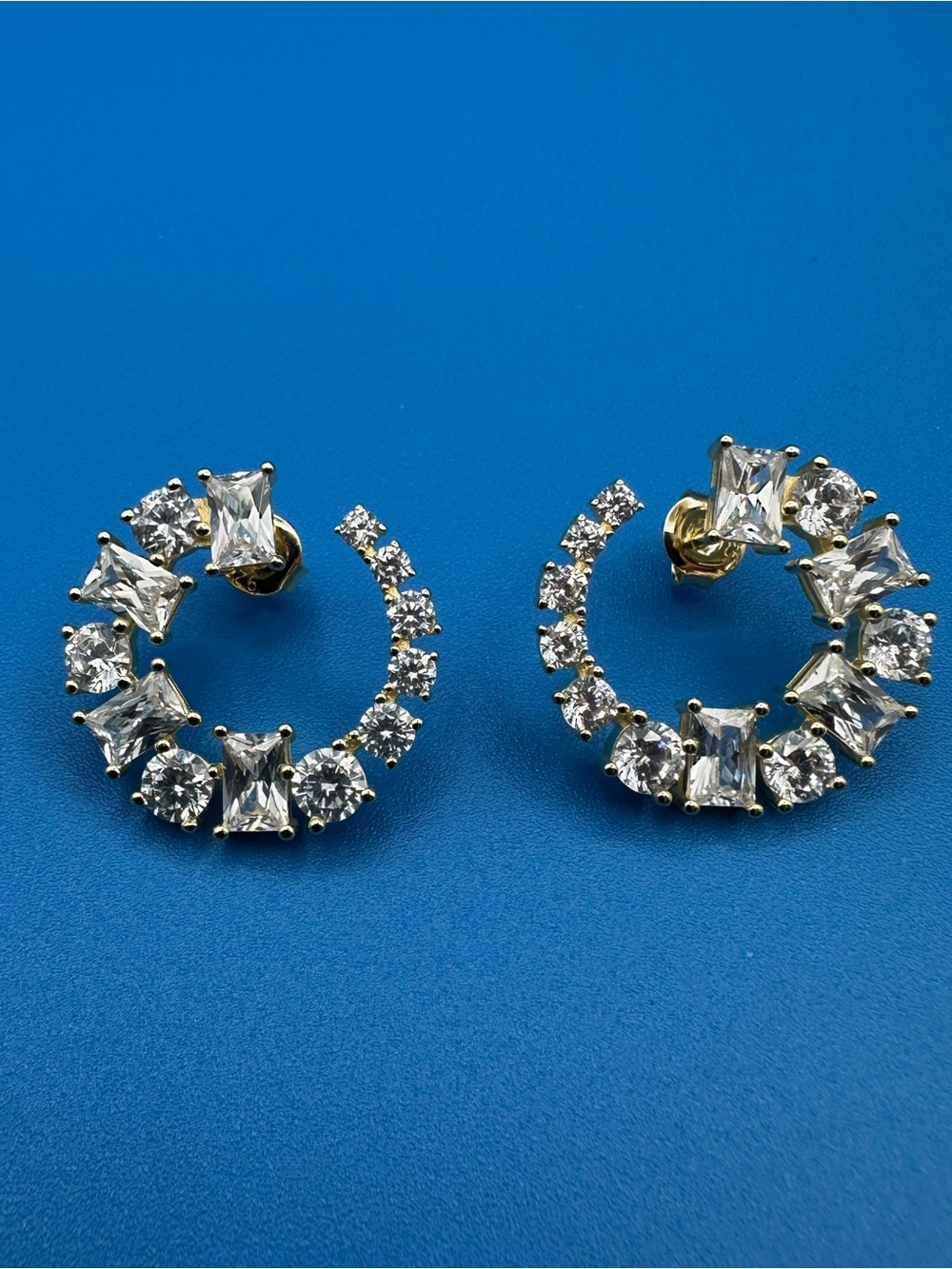 Sterling Silver 925 CZ Open Hoop Earrings – Gold Tone, Baguette & Round CZ, EUC